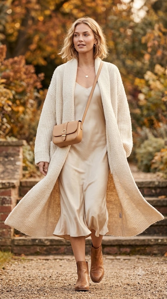 Cream Knit Duster Coat over Slip Dress